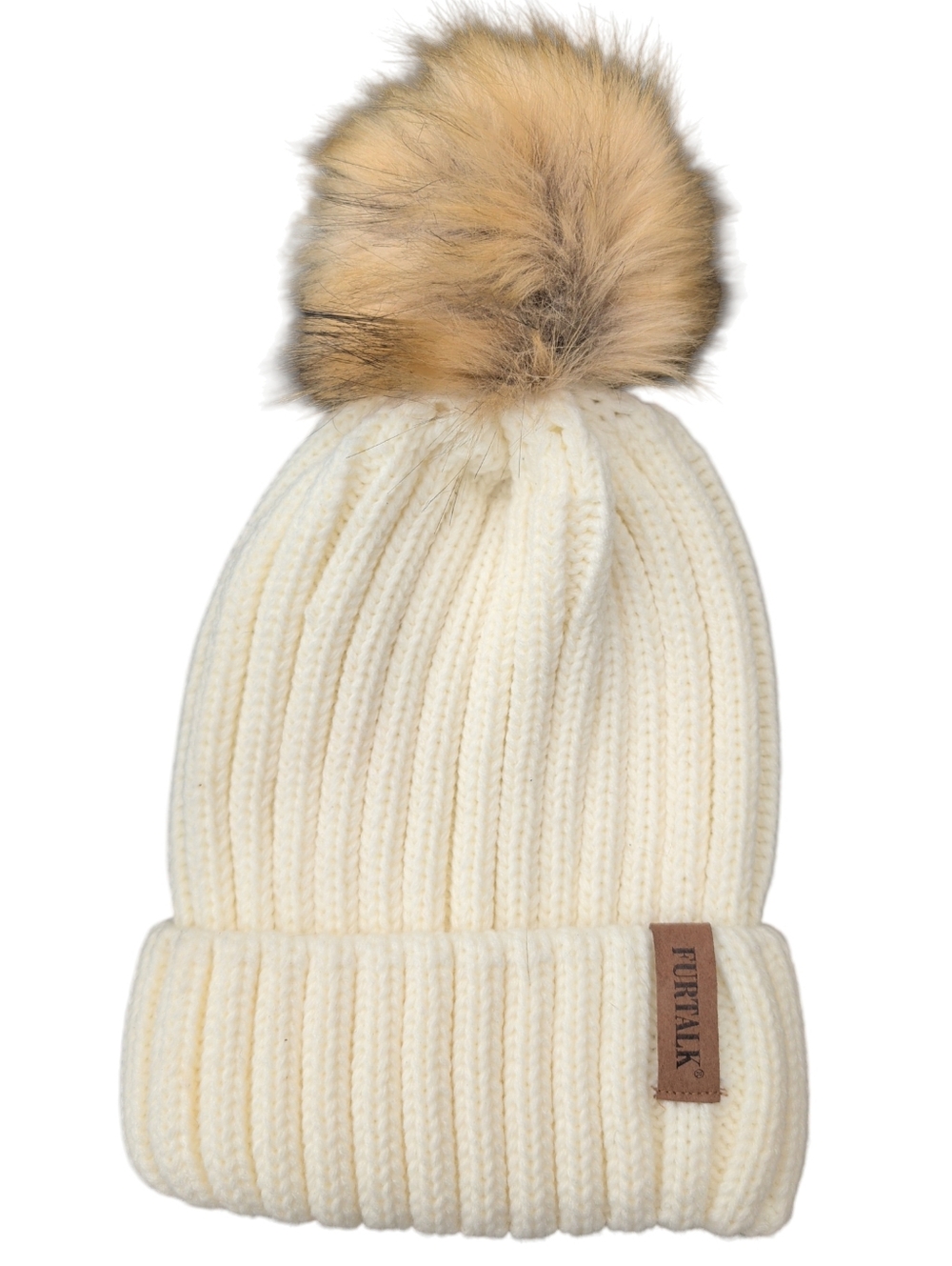 Furtalk Cream Knit Pom Beanie Hat with Faux Fur Pom